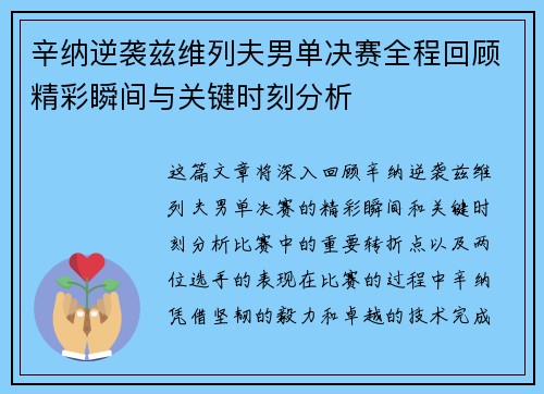 辛纳逆袭兹维列夫男单决赛全程回顾精彩瞬间与关键时刻分析