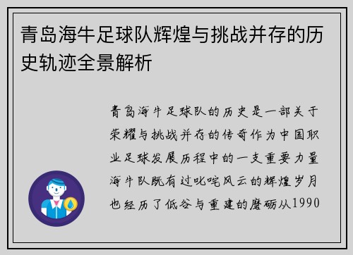 青岛海牛足球队辉煌与挑战并存的历史轨迹全景解析 青岛海牛足球队辉煌与挑战并存的历史轨迹全景解析