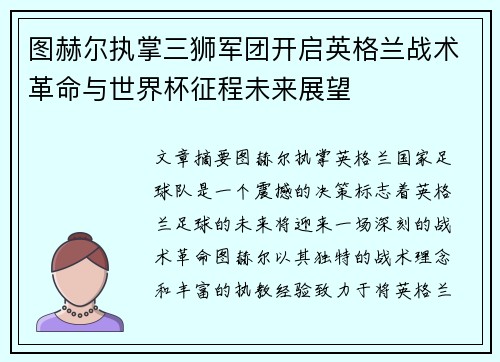 图赫尔执掌三狮军团开启英格兰战术革命与世界杯征程未来展望 图赫尔执掌三狮军团开启英格兰战术革命与世界杯征程未来展望